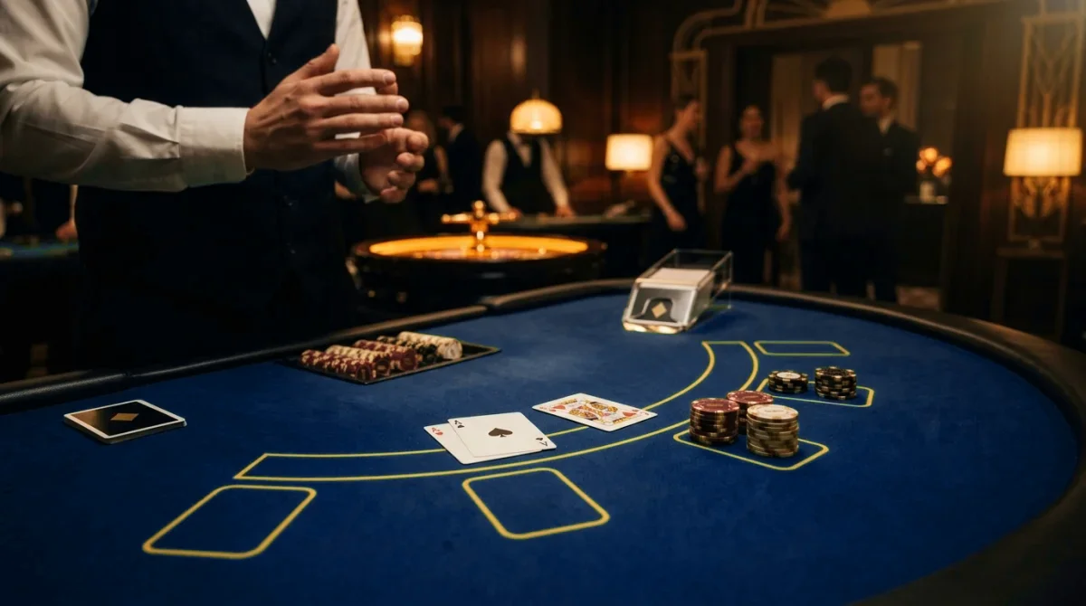 Table de blackjack animée par un croupier professionnel lors d'une soirée casino d'entreprise en Île-de-France